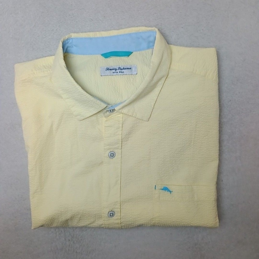 Tommy Bahama Shirt Mens 2XL Yellow Seersucker Nove Wave Button Up Short Sleeve